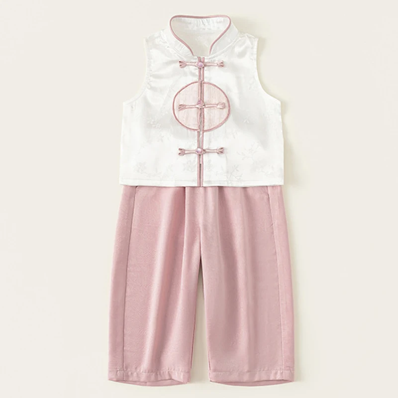 Summer Girls Boutique Clothes Chinese Style Fashion Sleeveless Mesh Baby Tops+Loose Pants Children's Sets Kids Costume BC2133