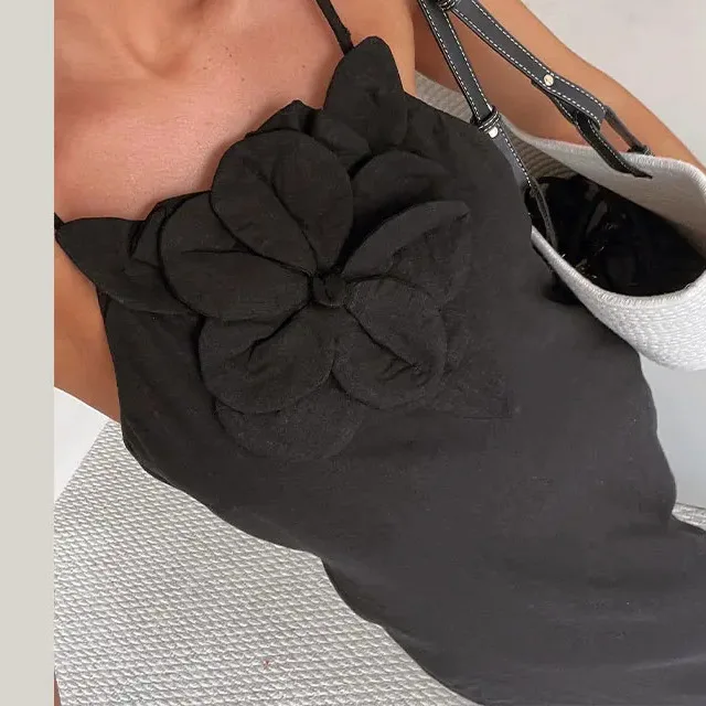 Vestido de moda para mujer con tirantes de flores tridimensionales, mono sin mangas de lino y algodón, falda larga para primavera y verano