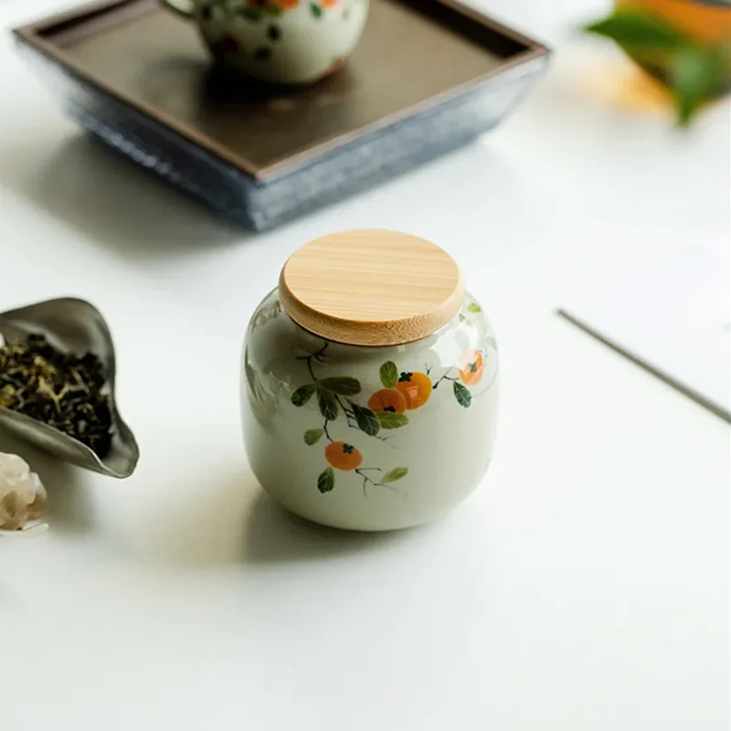 Chinese Ceramic Tea Caddy Hand-painted Persimmon Tea Jar Travel Tea Bag Storage Box Sealed Container Storage Tank Teaware