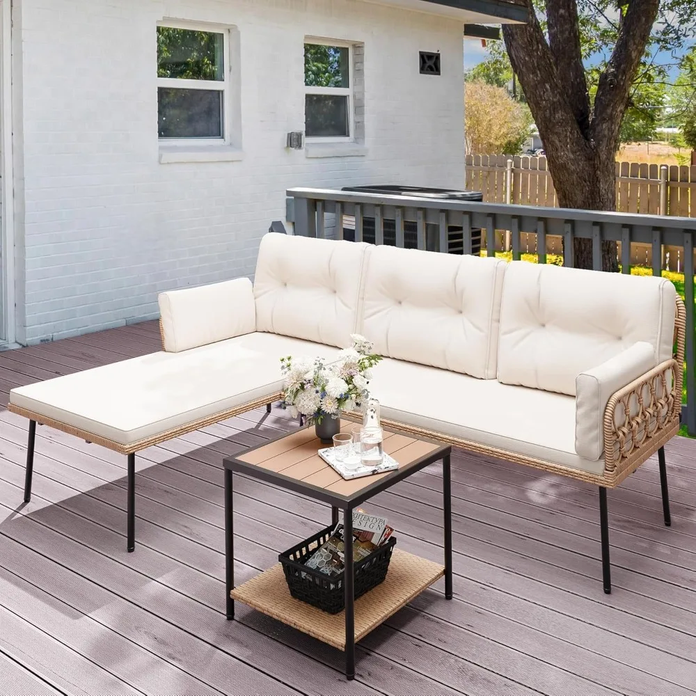 

Patio Furniture Set, 3-Piece Outdoor Wicker Conversation Sectional L-Shaped Sofa with 4 Seater with Cushions and Coffee Table