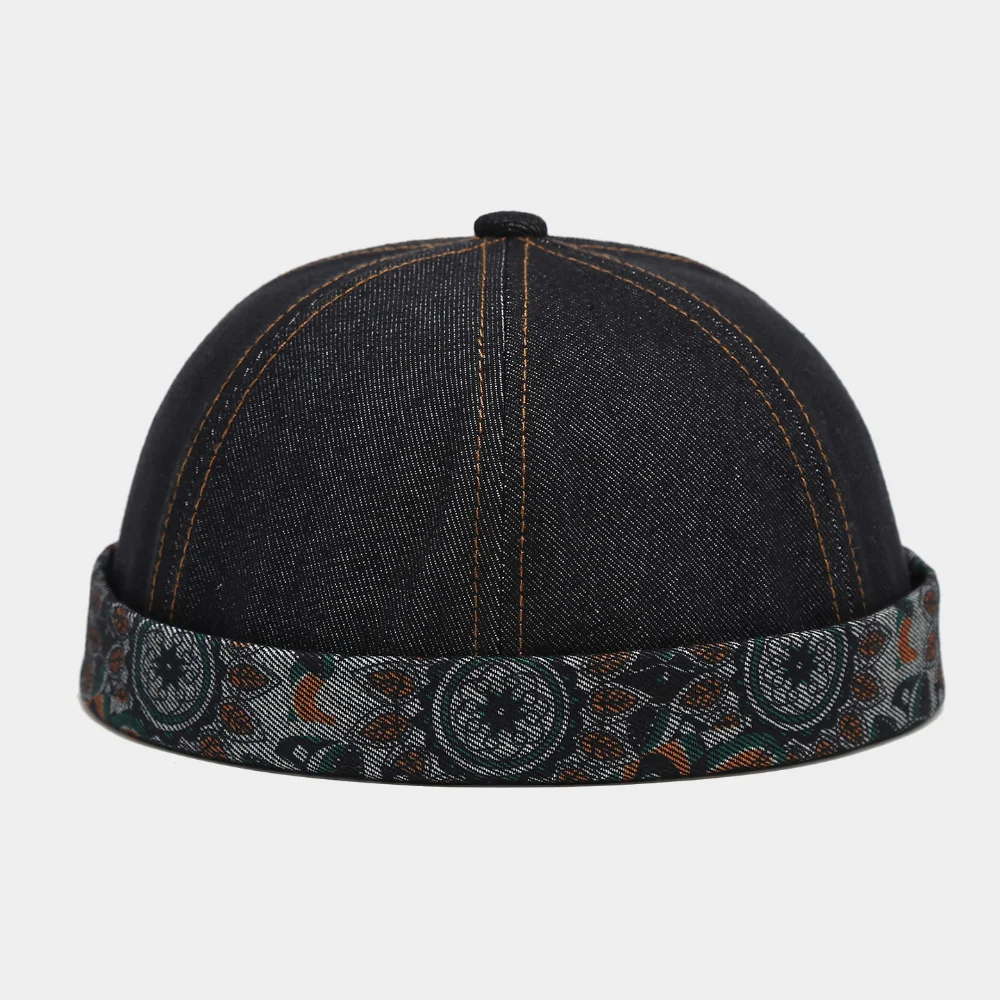 Retro denim walnut flower pattern ground-based main hat with ethnic style Persian floral print fedora hat without brim