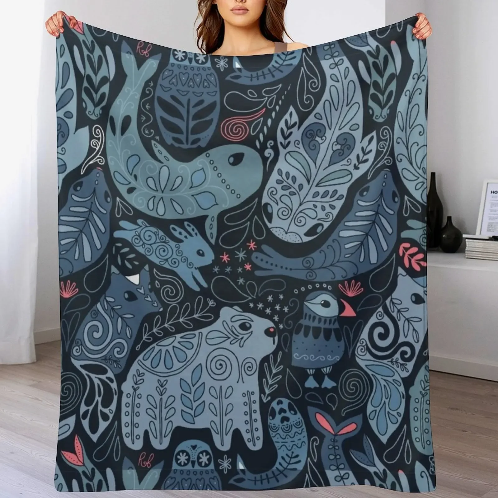 

Arctic animals. Narwhal, polar bear, whale, puffin, owl, fox, bunny, seal. Throw Blanket Beach Soft Big Blankets