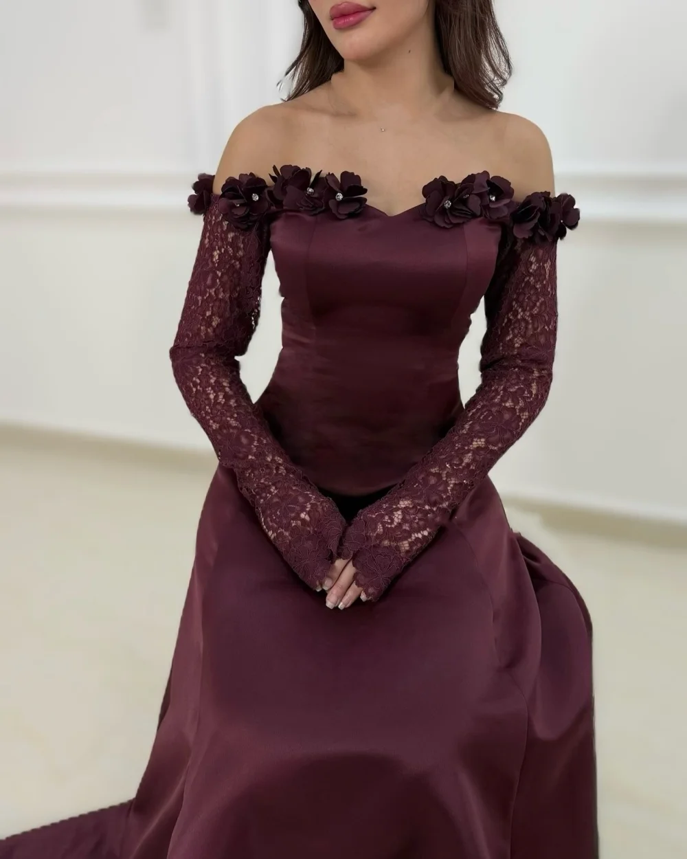 

Customized Elegant Retro Charmeuse Lace Handmade Flower Rhinestone A-line Off-the-shoulder Long Dresses Bespoke Occasion Dresses