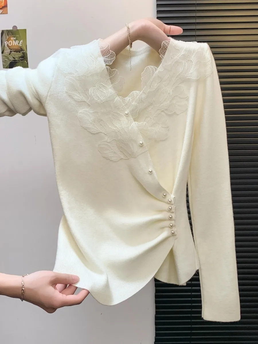 Ele Long Sve Lace V-Ne تريكو المرأة الخريف الشتاء جديد Sle قاعدة طبقة ملابس داخلية سترة تخفيف الكورية Sle S...