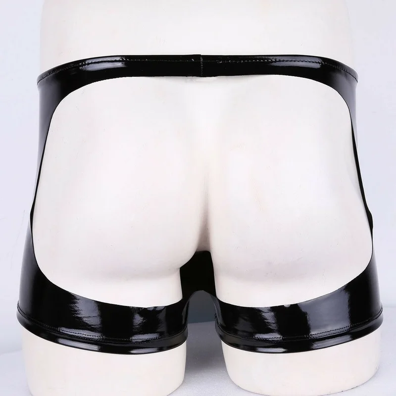 Plus Size 4XL Sexy Back Hollow Out Mens Underwear Boxer PVC Leather Boxer Zipper Male Gay Club Erotic Pole Dance Mini Short