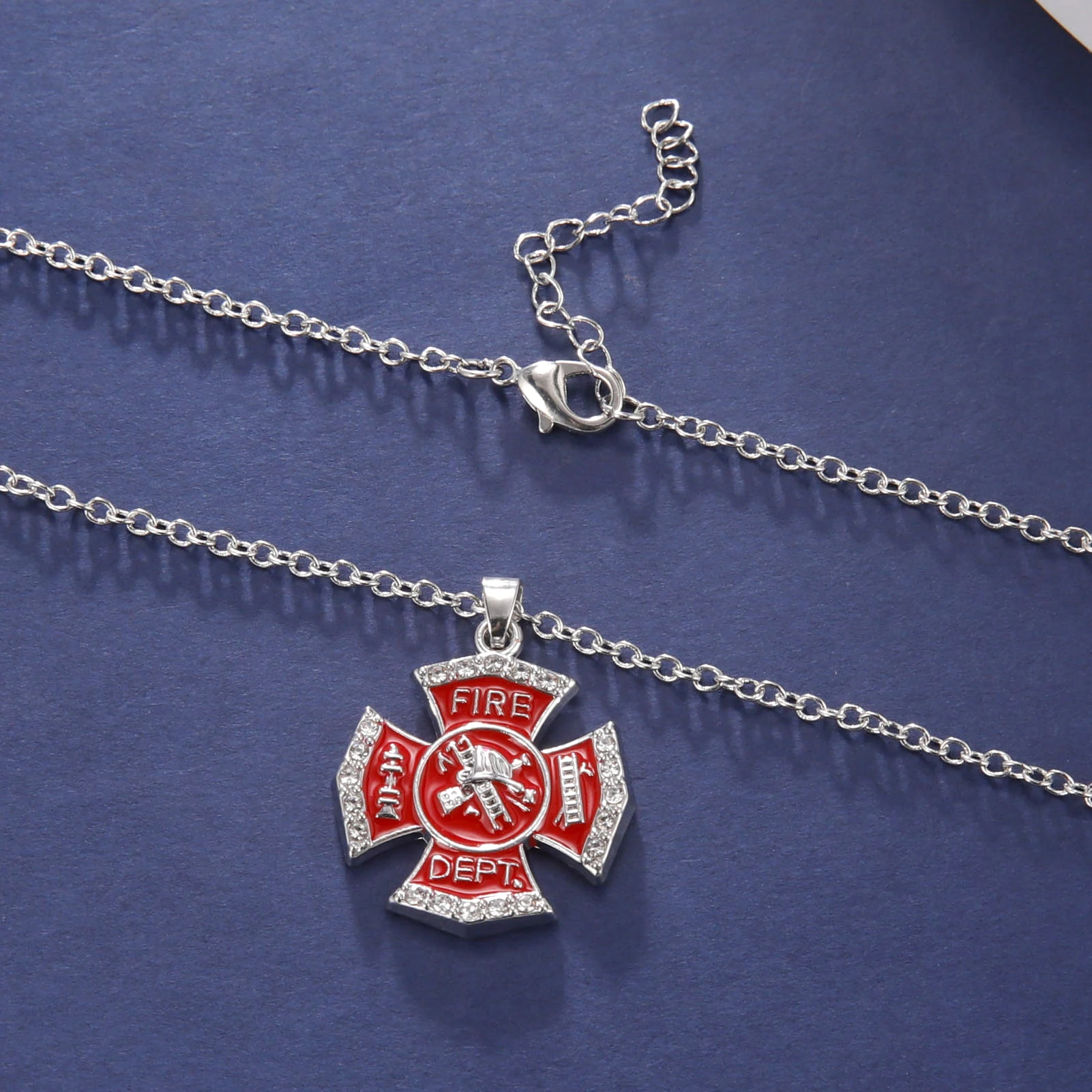 Fishhook Fire Alarm Dept Necklace Fireman Safe Life Red Chain Firefighter Sheld Gift For Man Woman Enamel Crystal Zircon Jewelry