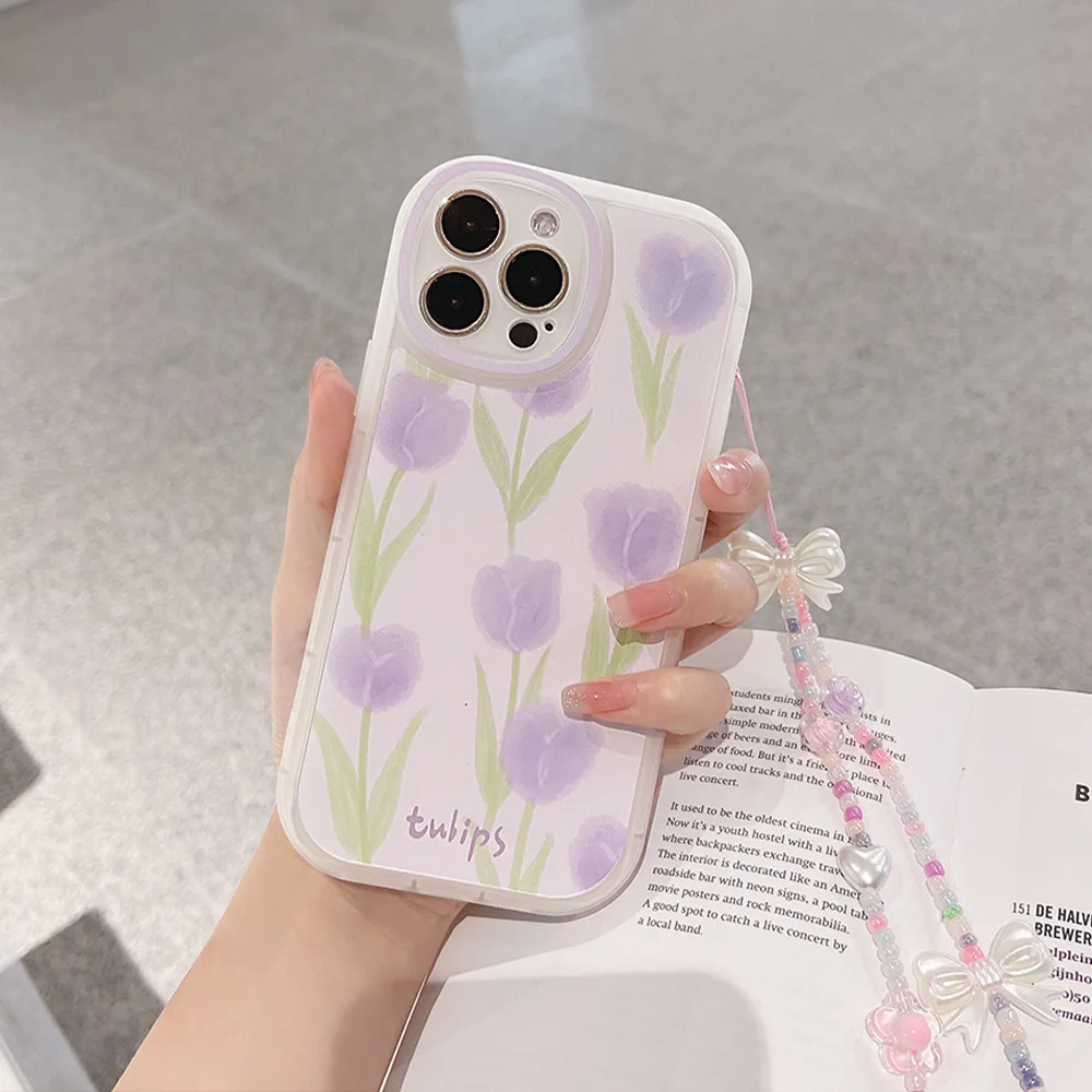 Purple rose flower cute bracelet woman girl cartoon phone case for iphone xr xsmax 7 8 plus x 13 11 14 15 pro max 12 mini cover