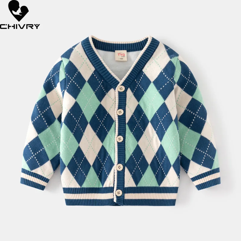 

New 2023 Baby Boys Autumn Winter Plaid Jacquard Cardigan Sweater Fashion V-neck Knitted Jumper Sweaters Tops Kids Cardigans