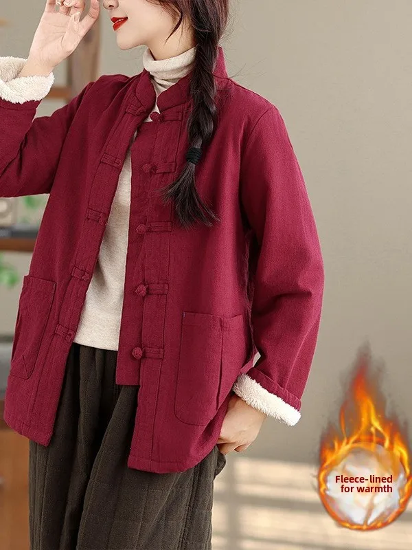 

Женское хлопковое длинное пальто Thiened Fce в китайском стиле, новое зимнее пальто в стиле ретро с воротником-стойкой на пуговицах, верхняя одежда обычного кроя