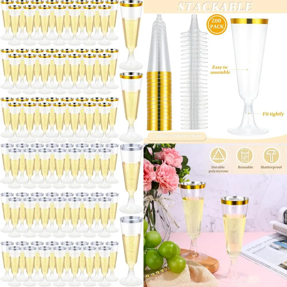 

Одноразовые пластиковые флейты для шампанского, упаковка 200 штук, чашки на 5 унций, идеально подходят для свадеб и вечеринок, стаканы для тостов для торжеств