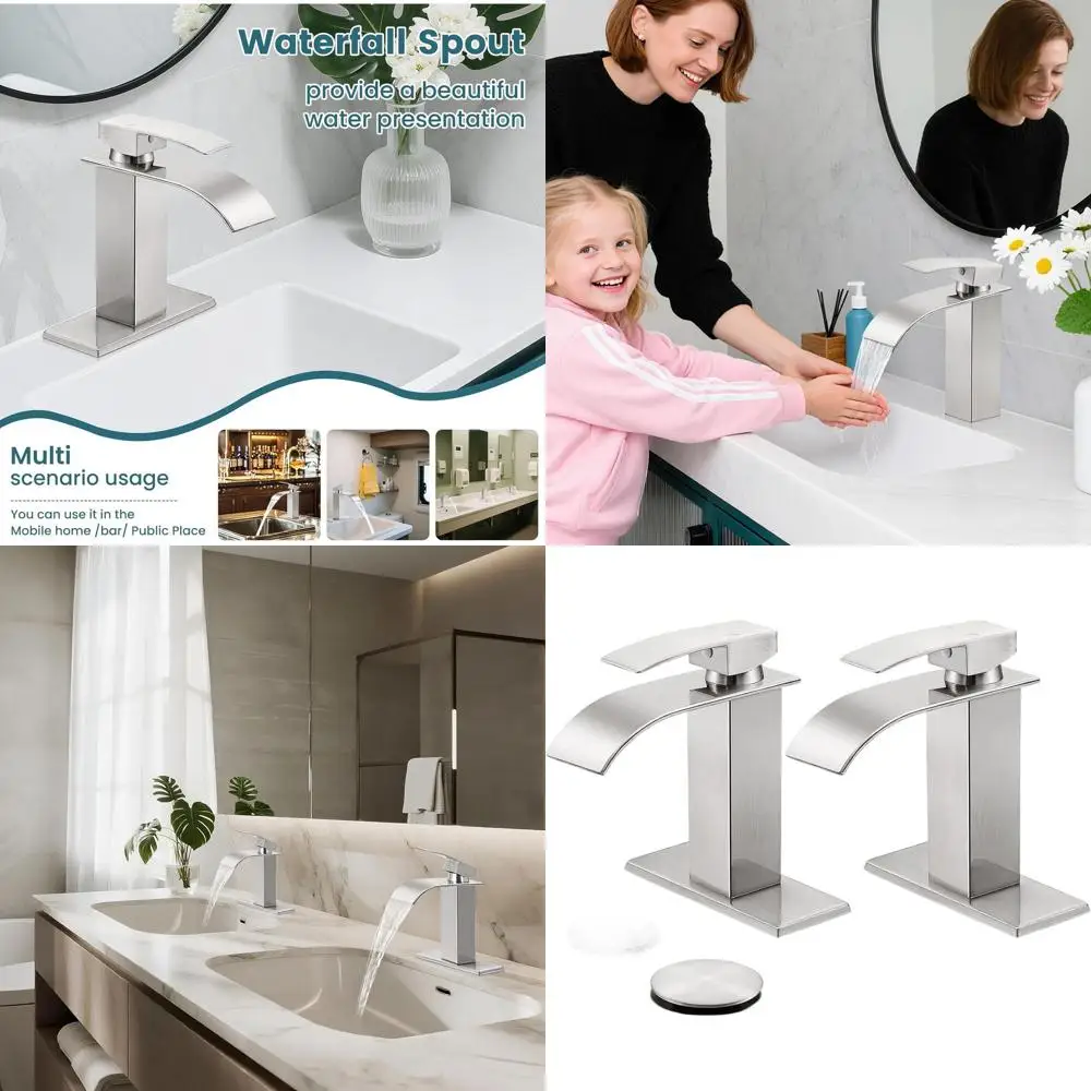 

Modern Brushed Nickel Single Handle Waterfall Faucet Set for Bathroom Sink, 1 or 3 Hole Mixer Tap with Pop-up Drain and Hoses, 2