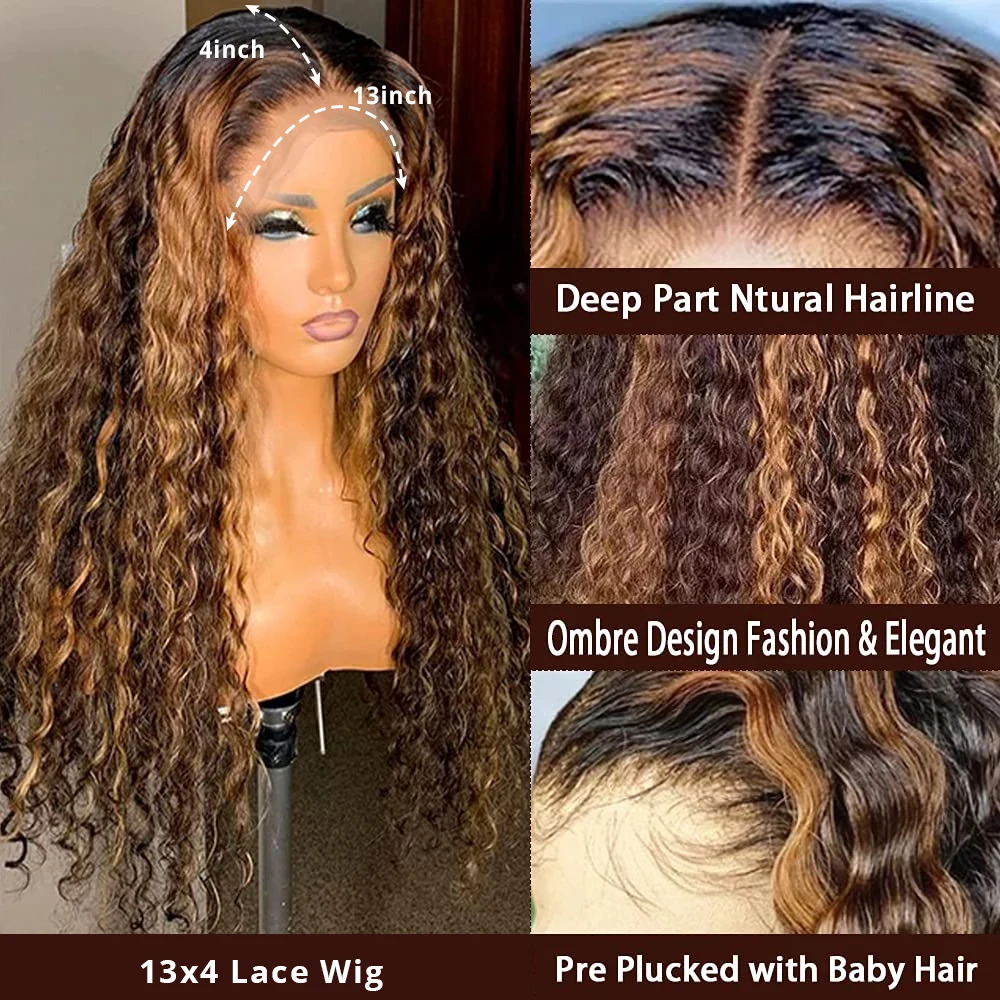 30 32 Inch 13x4 Highlight Ombre Colored Lace Front Human Hair Wig Honey Blonde 4x4 Closure Human Hair Wig Deep Wave Frontal Wig