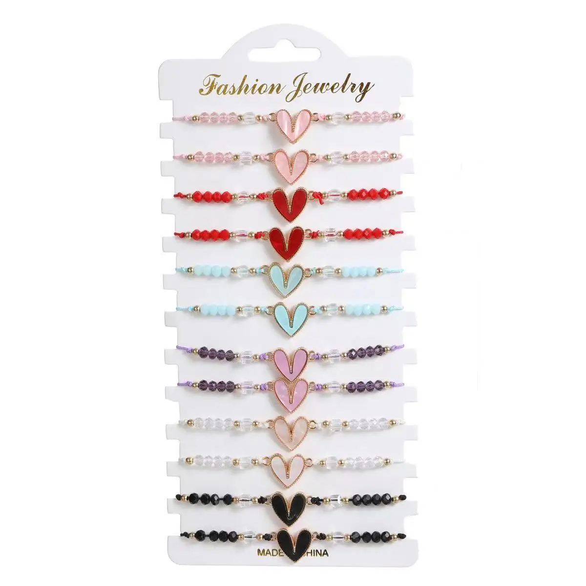 مجموعة مكونة من 12 قطعة من سوار قابل للتعديل منسوج يدويًا على شكل قلب ومطرز بالكريستال متعدد الألوان للنساء