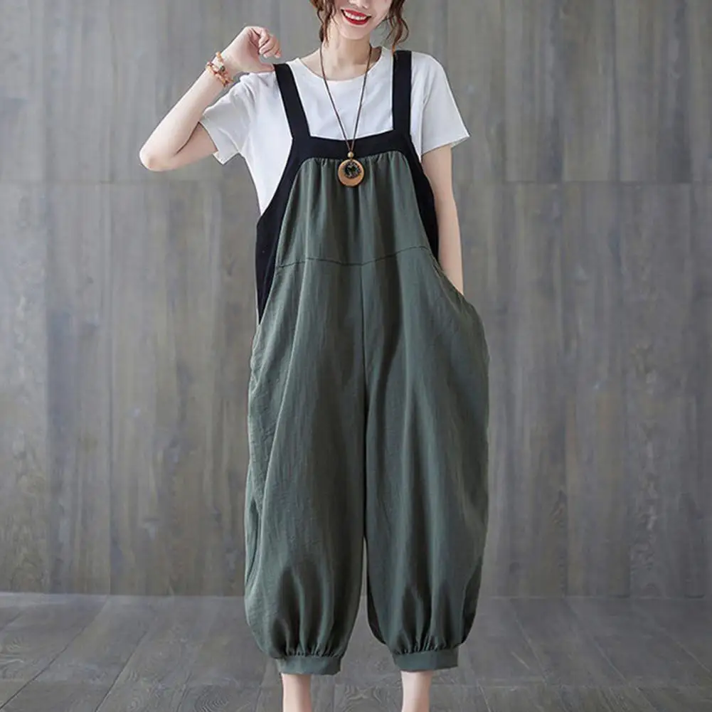 Women Summer Square Collar Sleeveless Jumpsuits Patchwork Color Bibs Overall Suspender Ankle-length Harem Pants Romper 점프슈트