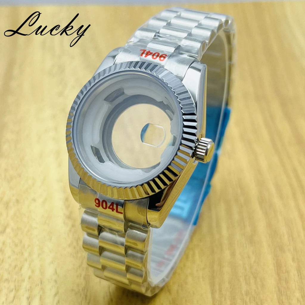 31mm Edelstahl Uhrengehäuse Fit NH05 NH06 Saphirglas Silber geriffelte Lünette für 24,2mm-25mm Zifferblatt Damen Damen Uhrenteile