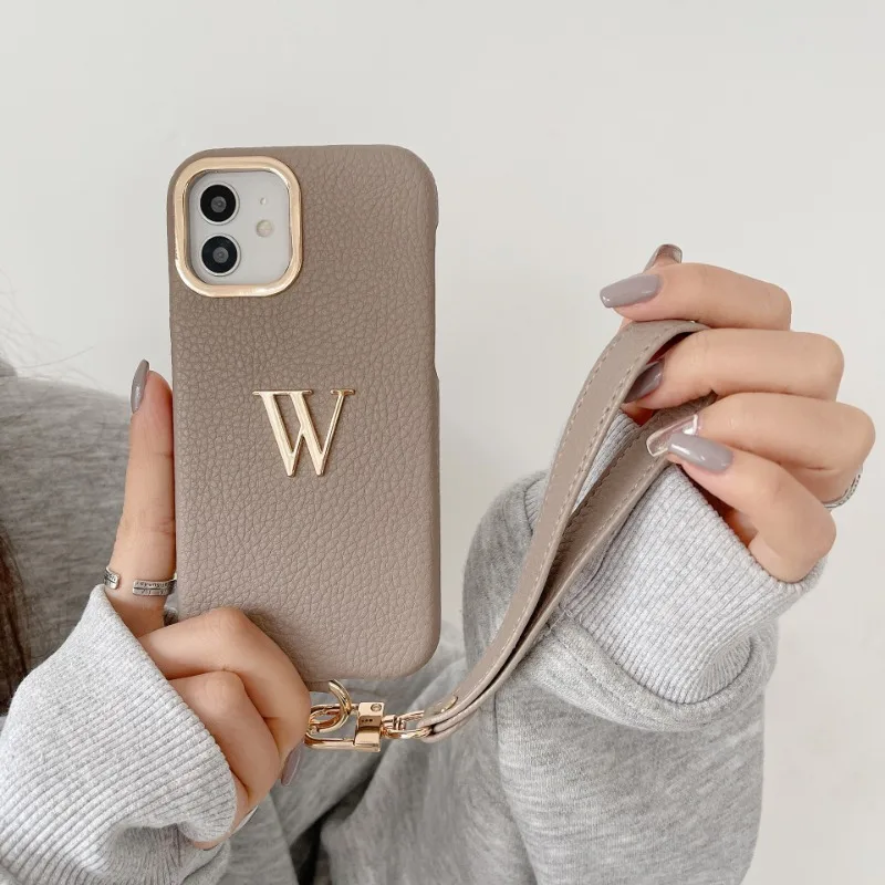 

New Customize Initial Name Leather Phone Case Gold Letter for IPhone 16 15 14 13 12 11 ProMax Plus Series Shockproof Cover