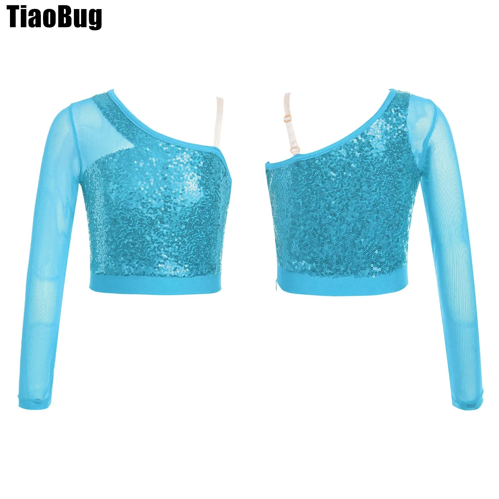 

Kids Girls Sparkly Sequins Dance Top Sheer Mesh Long Sleeve One Shoulder Side Zipper Crop Top for Stage Performance Competition