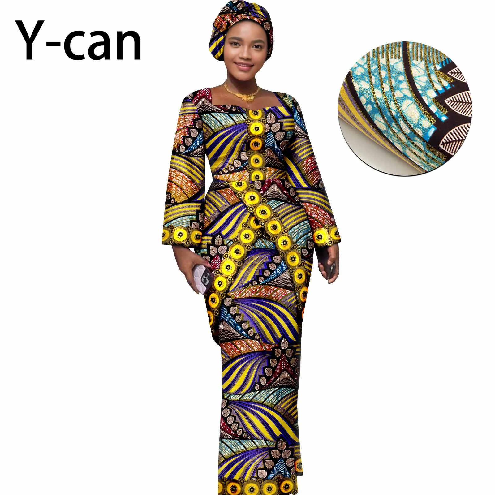 African Women Traditional Outfits Ankara Print Long Sleeves Embroidery Dress and Slim Skirt Boubou Robe Abaya Femme Set 2426022