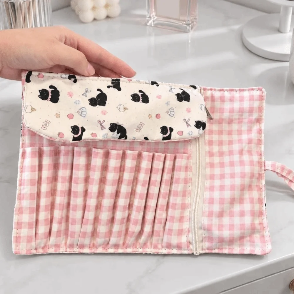 Multi-Slot Makeup Brush Roll Bag Grid Pattern Ribbon-Tie Cosmetic Brush Pouch Portable Lightweight Brush Storage Wrap