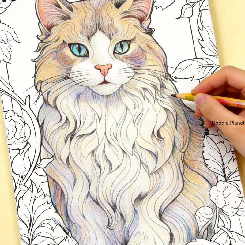 An Adult Meditation and Stress Relief Hand Drawn Cat Themed Graffiti Book, 32 Pages, Thick Paper Large-sized Drawing Book