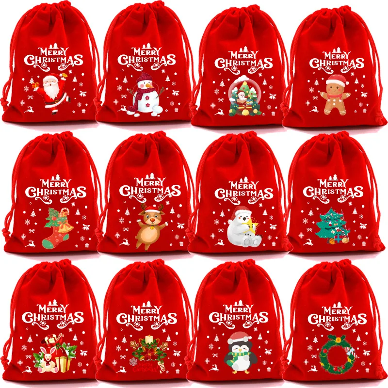 1-10pcs Red Christmas Velvet Bags Drawstring Pouch Candy Snack Gift Bag Bracelet Jewelry Packaging Storage Bags New Year 2024