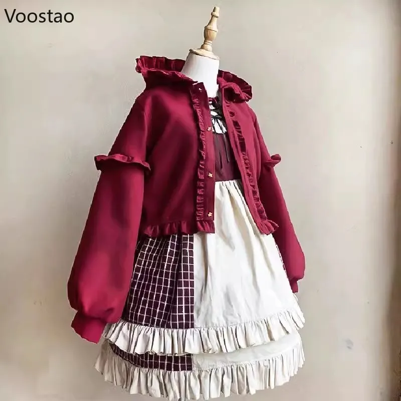 Sweet Lolita Women Jacket Japanese Kawaii Hooded Ruffles Coat Vintage Autumn Winter Tops Warm Outwear Japanese Fashion Jackets