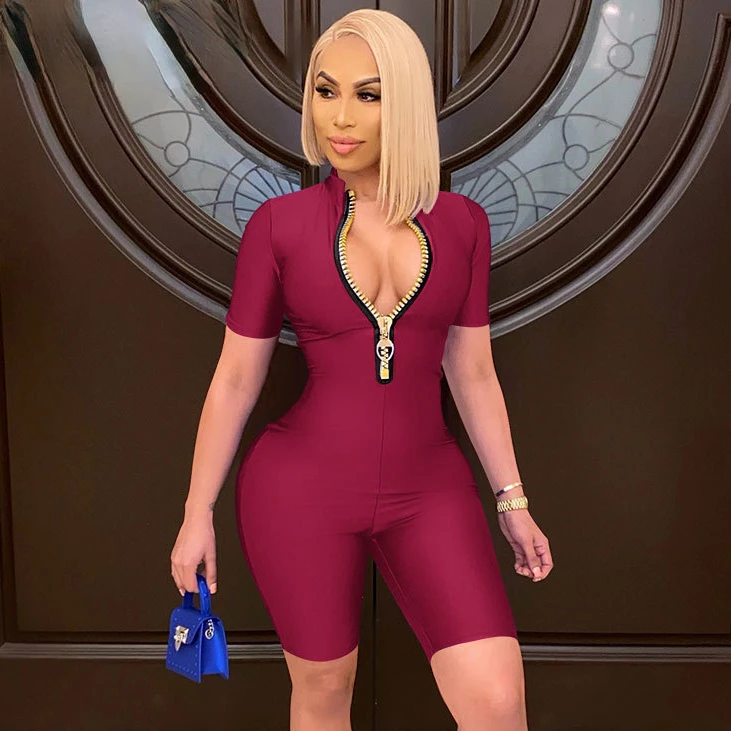 

Meqeiss New Sexy Jumpsuit Women Summer Rompers Shorts Active Wear Athleisure Zipper Bodycon Playsuit One Piece Outfit bodysuit