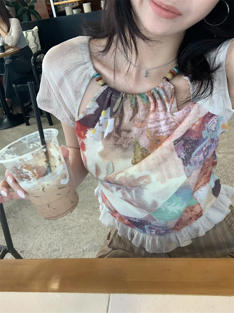 

Неоновый сад: Женский топ с бисером, комбинированный из тканей, с завязками, короткий рукав, круглый вырез, оригинальный дизайн, нейлон