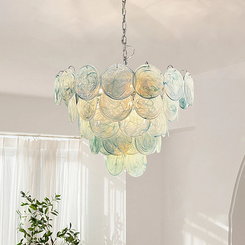 

French Medieval Luxury Blue Glass Led Pendant Lights Art Metal Round Lustre Living Room E14 Chandelier Lighting Bedroom Lamps
