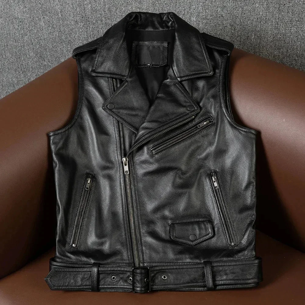 Motorcycle Biker Genuine Leather Vest Black Cowhide Rider Sleeveless Clothes Asian Size Wholesale