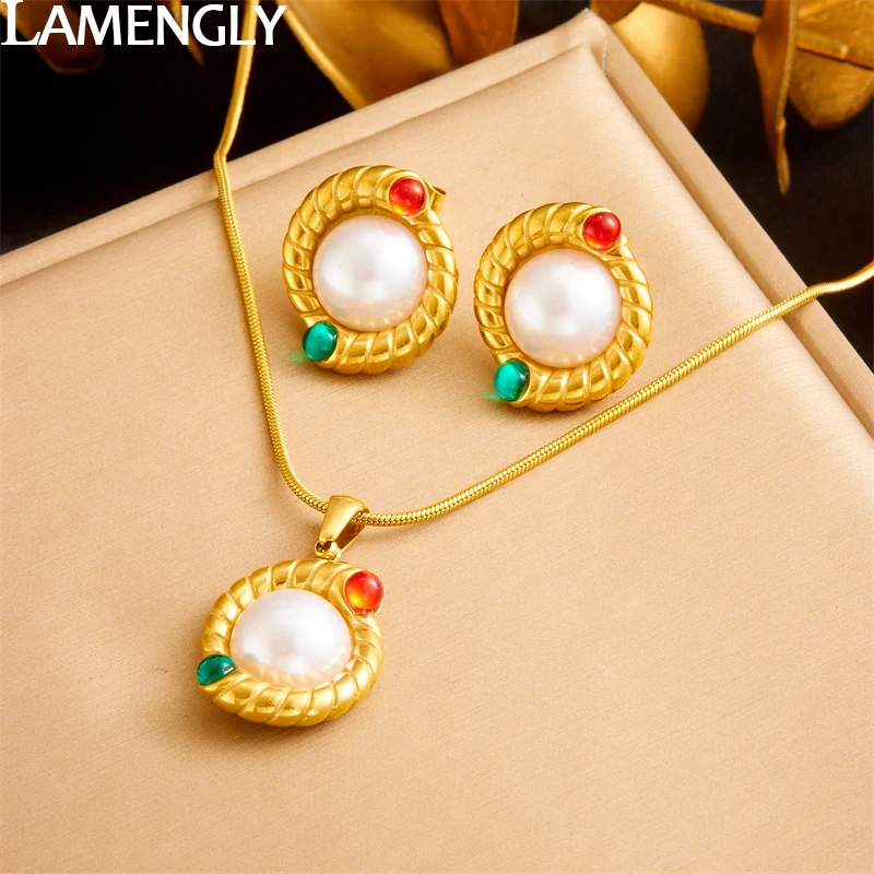 LAMENGLY 316L Stainless Steel Big pearl Red green crystal spiral Pendant Necklace Earrings Women Elegant Girl Jewelry Set Gifts