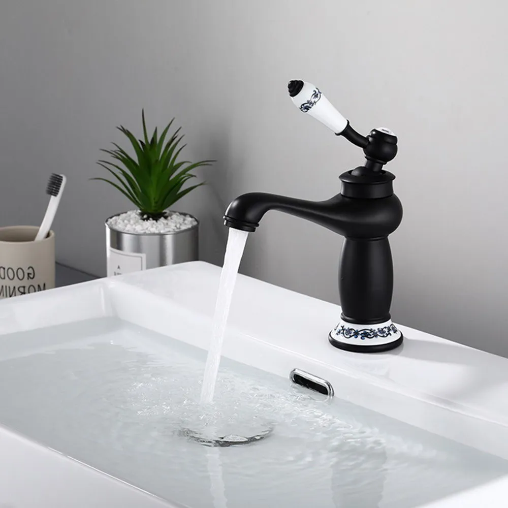 

Black Brass Single Handle Ceramic Flower Pattern Base Bathroom Faucet Sink Basin Cold / Hot Mixer Tap anf504