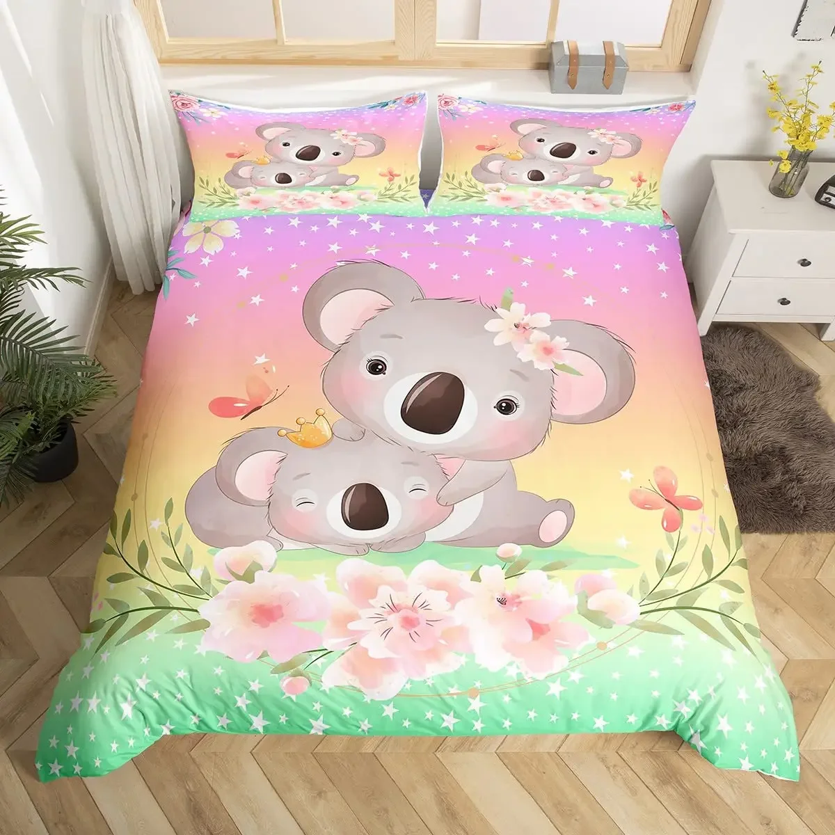 Cute Koala King Queen Duvet Cover Kids Girl Cartoon Animal Bedding Set Blossom Floral Comforter Cover Pink Polyester Quilt Cover