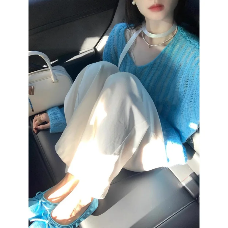 Полый вязаный свитер с длинными рукавами в корейском стиле для женщин, новый свободный синий летний солнцезащитный стиль, тонкий топ с длинными рукавами
