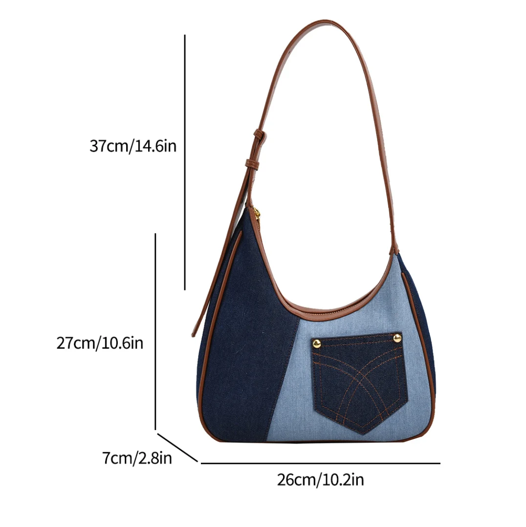 French Underarm Shopper Bag For Women 2023 Retro Denim Shoulder Bag   Fashion Half Moon Design Armpit Bag Chain Handbag Totes