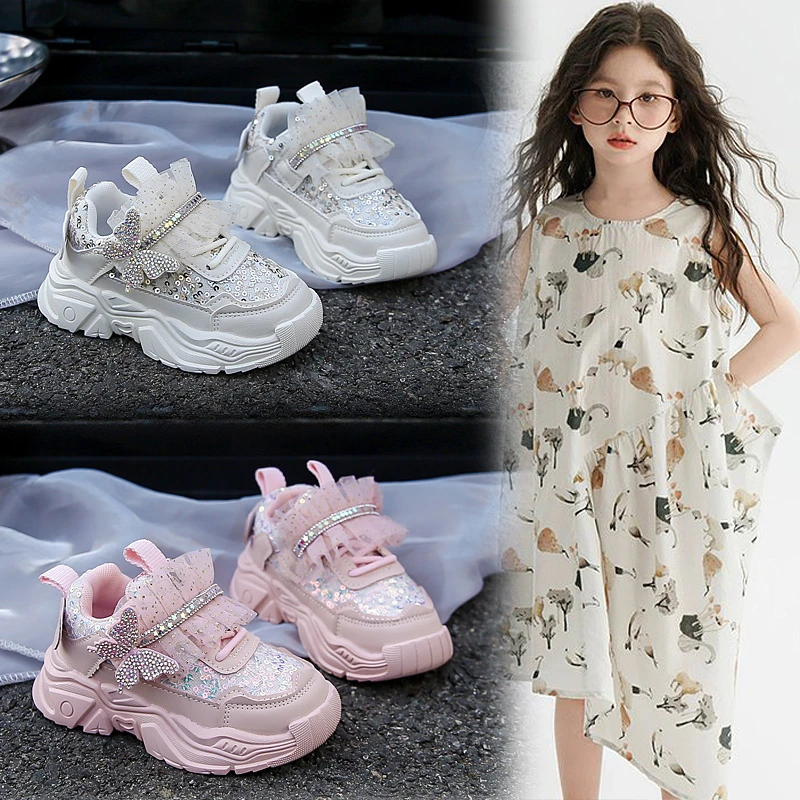 

1-6Y New Girls' Sports Shoes Anti Slip Soft Sole Sequin Shinny Butterfly Cute Tennis Running Shoes Princess Shoes for Baby Girls