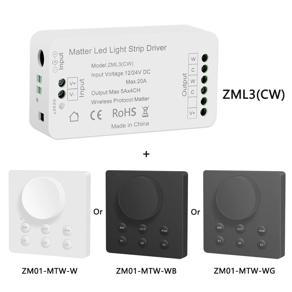 Zemismart Matter Over WiFi CW WW Led Light Strip Controller with Wireless Knob Switch Smartthings Alexa Google Home App Siri