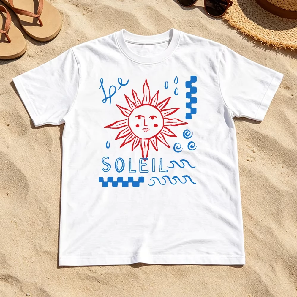 Le Soleil French Sun Abstract Print Men Women Short Sleeve Aesthetic Summer Vacation Streetwear Tops French Coastal Print Shirt