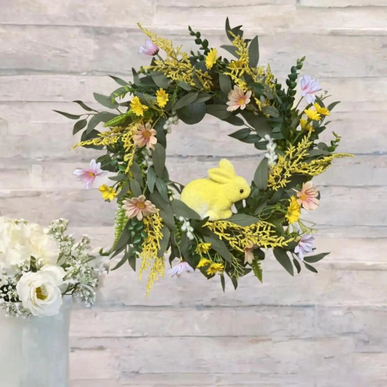 Easter Bunny Wreath Artificial Daisy Wreath Front Door Wall Hanging Flower Wreath Greenery Garland for Party Festival