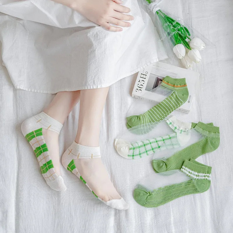 Dreamlikelin 5 Paar kurze Damensocken für Frühling und Sommer 2026, neue grüne, karierte, gestreifte, rutschfeste, grüne, transparente Socken im Waldstil