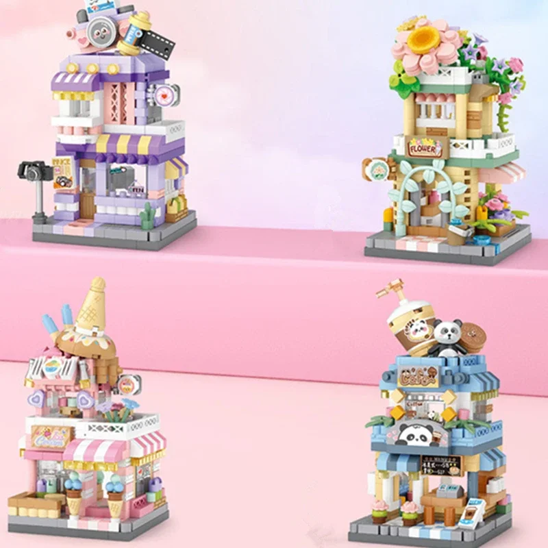 Restaurant Dessert Coffee Pet Fruit Store Street View Food House Building Blocks Kit Girls Bricks Model Kids Boy Toy Child Gifts
