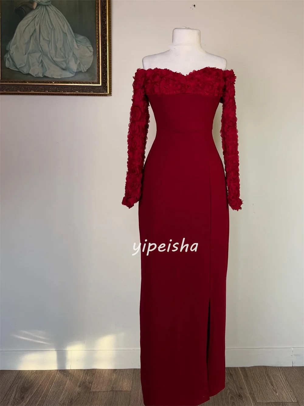 Customized High Quality Matching Jersey Handmade Flower Pleat Straight Strapless Long Dresses Bespoke Occasion Dresses Fashion