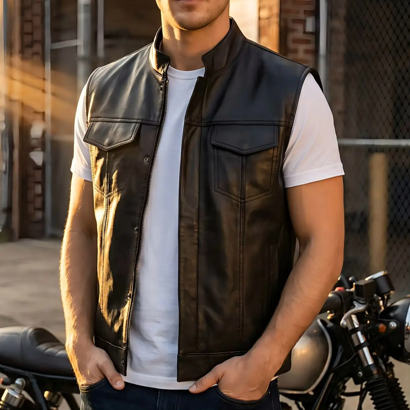 

Men's Retro Motorcycle PU Leather Vest Stand Collar Sleeveless Jacket Slim Fit Biker Waistcoat Punk Streetwear For Riding