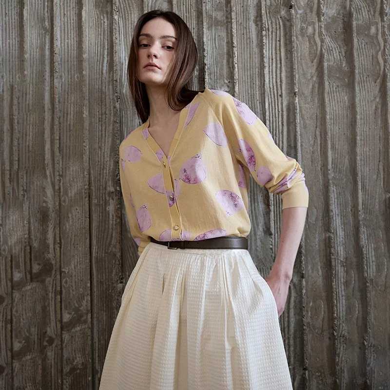 

Slimming Pure Cotton V-Ne Printed Elastic Commute Versatile Knitwear Open Cardigan Top Korean Sle Long Sve Regular Fit