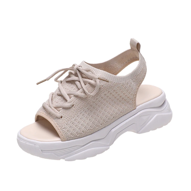 Shoes for Women 2024 Hot Sale Lace Up Women's Sandals Summer Open Toe Breathable Mesh Solid Platform Casual Comfortable Sandals