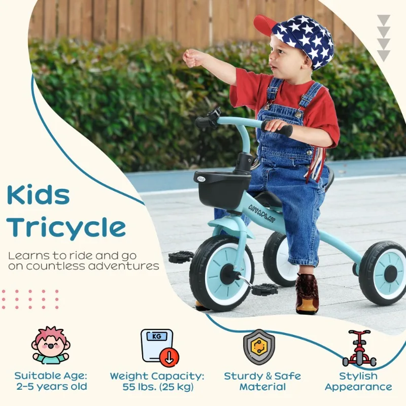 Kids Tricycle for Toddlers Age 2-5 with Adjustable Seat, Toddler Bike for Children with Basket, Bell, Handlebar Grips, Blue