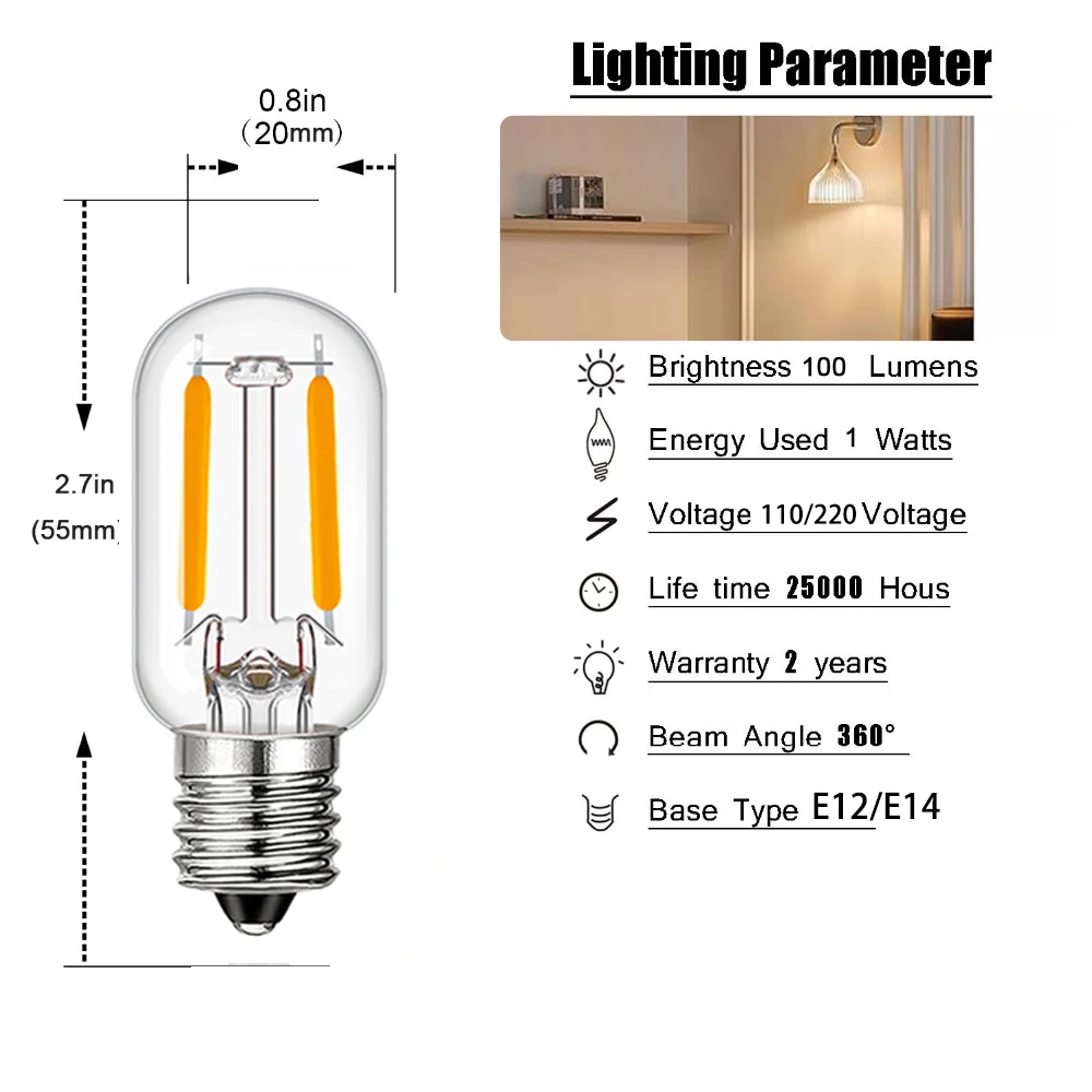 25pcs T20 Tubular Vintage Led Filament Bulbs 1W E14 E12 110V 220V 10W Equivalent Indoor Decor LED Lighting Lamp Ampoule Lights