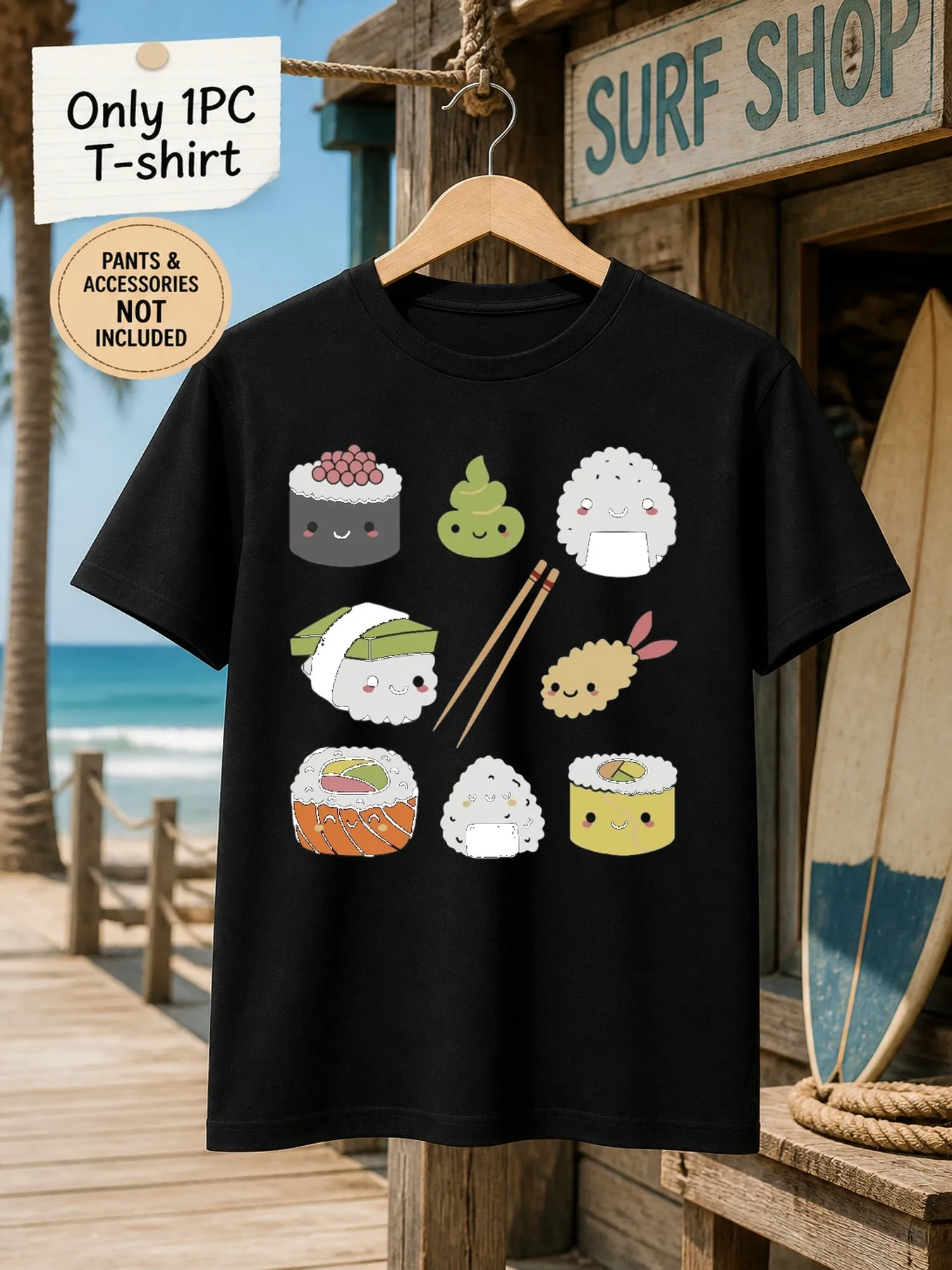 1pc Mens Graphic T Shirt Cute Cartoon Sushi Short Sleeve Crew Neck[solely 1pc T-SHIRT]