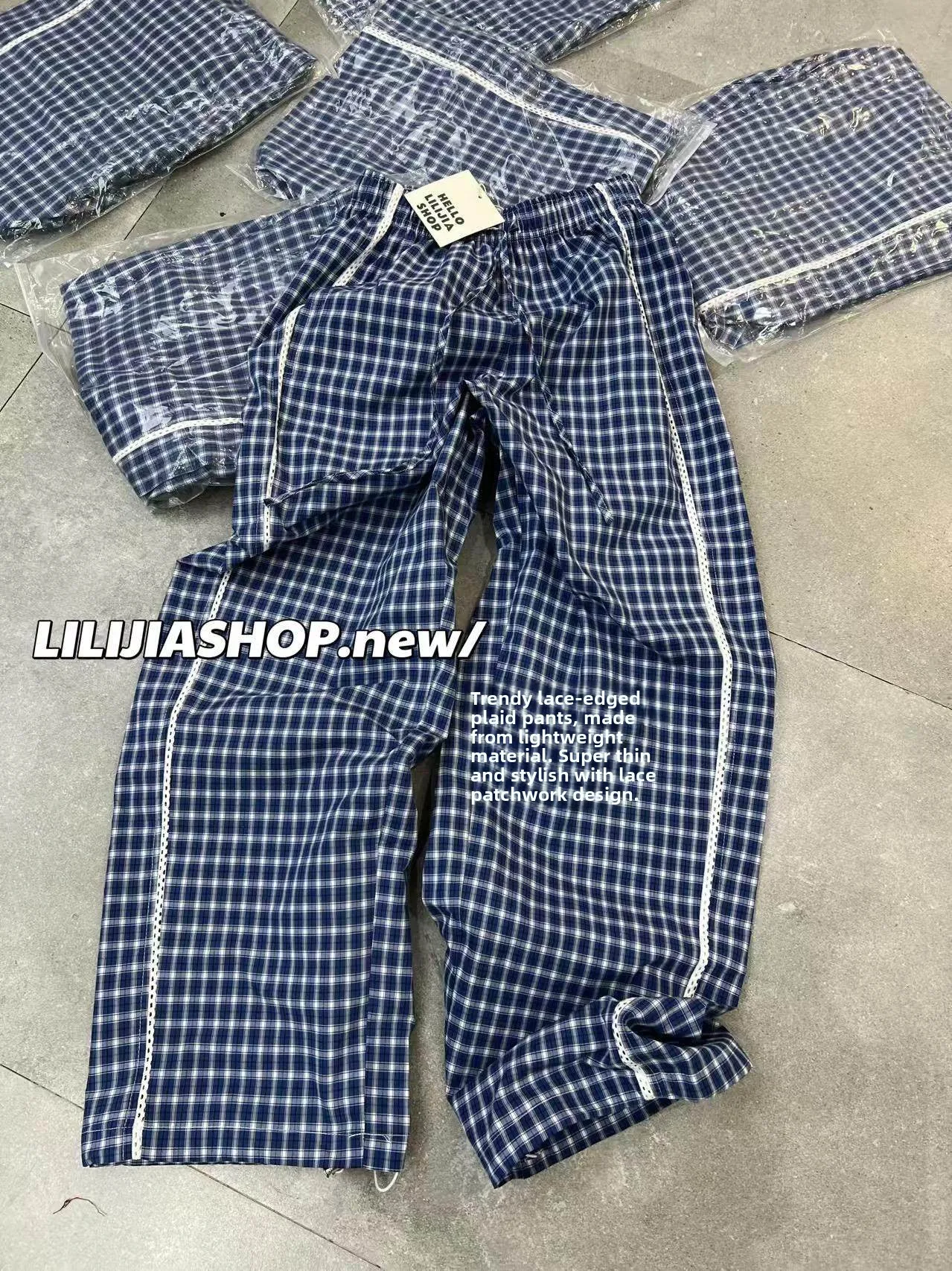 

Spring 2026 American Retro Plaid Straight Leg Pants Women's Lace Splicing Loose Lazy Sle Casual Long Trousers High Waist