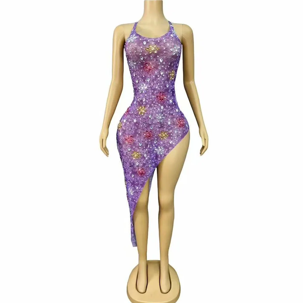 

Special Flashing Rhinestones Sleeveless Split Irregularity Dress Evening Birthday Celebrate Gown Dance Show Stage Wear Outfit